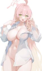 Rule 34 | 1girl, ahoge, blue archive, breasts, collarbone, green eyes, halo, hanako (blue archive), highres, large breasts, long hair, long sleeves, looking at viewer, nakamura nagare, navel, open clothes, open mouth, open shirt, pink hair, shirt, simple background, solo, sweat, white background, white shirt