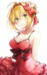 Rule 34 | 1girl, ahoge, alternate hairstyle, arms behind back, bare arms, bare shoulders, black bow, black ribbon, blonde hair, bow, breasts, cleavage, closed mouth, collarbone, commentary request, dress, fate/grand order, fate (series), frilled dress, frills, green eyes, hair between eyes, hair bun, hair intakes, hsiao, large breasts, looking to the side, medium breasts, nero claudius (fate), nero claudius (fate) (all), nero claudius (swimsuit caster) (fate), official alternate costume, red dress, ribbon, sash, short hair, sidelocks, single hair bun, smile, solo, standing, strap slip, strapless, strapless dress, upper body