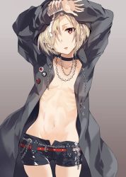 Rule 34 | 10s, 1girl, arms up, badge, bandages, bandaged arm, belt, belt buckle, black shorts, blonde hair, blush, breasts, buckle, chain, choker, collarbone, cowboy shot, earrings, grey background, grey jacket, hair over one eye, head tilt, idolmaster, idolmaster cinderella girls, jacket, jewelry, long sleeves, looking at viewer, navel, no bra, open clothes, open jacket, parted lips, red eyes, ribs, shirasaka koume, shorts, simple background, small breasts, solo, stomach, ueda yumehito
