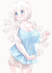 Rule 34 | 1girl, blue eyes, breasts, cleavage, dskn, female focus, flower, large breasts, original, solo, third-party edit, white hair