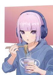 Rule 34 | 1girl, blue hair, blue hoodie, chopsticks, colored inner hair, commentary request, cup ramen, drawstring, food, headphones, highres, holding, holding chopsticks, holding food, hood, hoodie, long sleeves, multicolored hair, novi visual, open mouth, original, purple eyes, purple hair, red background, solo, two-tone background, upper body, white background