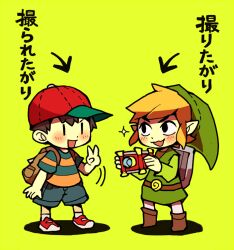 Rule 34 | 2boys, arrow (symbol), backpack, bag, baseball cap, belt, belt buckle, black eyes, blonde hair, blue shirt, blue shorts, blue sleeves, blush, boots, brown bag, brown belt, brown footwear, brown hair, buckle, camera, child, commentary request, denim, denim shorts, green background, green headwear, green shirt, green sleeves, green tunic, hat, holding, holding camera, link, long sleeves, looking at another, male focus, mother (game), mother 2, motion lines, multiple boys, ness (mother 2), nintendo, open mouth, pants, pocket, pointy ears, pointy hat, red footwear, red headwear, ribbon-trimmed headwear, ribbon trim, shadow, shield, shield on back, shirt, shoes, short hair, short sleeves, shorts, simple background, smile, sneakers, socks, solid oval eyes, sparkle, striped clothes, striped shirt, striped sleeves, super smash bros., t-shirt, teijiro, the legend of zelda, the legend of zelda: the wind waker, thick eyebrows, toon link, trait connection, translation request, two-tone shirt, v, v-shaped eyebrows, white pants, white socks, yellow shirt