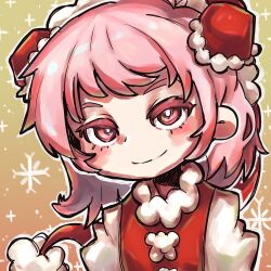 Rule 34 | 1girl, bright pupils, brown background, bun cover, christmas, closed mouth, commentary, double bun, english commentary, hair bun, highres, ibaraki kasen, looking at viewer, molly yancey, pink eyes, pink hair, short hair, smile, snowflakes, solo, touhou, upper body, white pupils