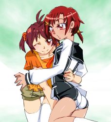Rule 34 | 2girls, ass, breasts, commentary request, cosplay, costume switch, crossover, graphite (medium), hino akane (smile precure!), isshiki akane, looking at viewer, medium hair, millipen (medium), multiple girls, name connection, onnaski, precure, red eyes, red hair, small breasts, smile precure!, traditional media, vividred operation, yuri