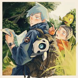 Rule 34 | 2boys, aron, backpack, bag, beanie, blue eyes, blue hair, blush, brendan (pokemon), commentary request, creatures (company), day, game freak, gen 3 pokemon, grass, grey headwear, hat, highres, holding, holding map, jewelry, leaf, long sleeves, looking to the side, map, multiple boys, nintendo, on head, open mouth, outdoors, parted lips, pointing, pokemon, pokemon (creature), pokemon on head, pokemon oras, ring, steven stone, teeth, tokeru, tongue, tree, treecko, watch, wristwatch