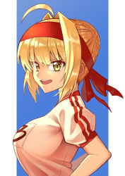 Rule 34 | 1girl, absurdres, ahoge, blonde hair, blue background, braid, breasts, commentary request, fate/grand order, fate (series), from side, green eyes, gym uniform, hair intakes, hair ribbon, highres, imuzi, large breasts, looking at viewer, nero claudius (fate), nero claudius (fate) (all), nero claudius (fate/extra), official alternate costume, open mouth, red ribbon, ribbon, shirt, short hair, short sleeves, simple background, smile, solo, two-tone background, white background, white shirt