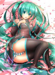 Rule 34 | 1girl, arkcide, boots, detached sleeves, green eyes, green hair, hatsune miku, headset, highres, long hair, lying, matching hair/eyes, necktie, panties, pantyshot, petals, skirt, solo, striped clothes, striped panties, thigh boots, thighhighs, twintails, underwear, upskirt, very long hair, vocaloid