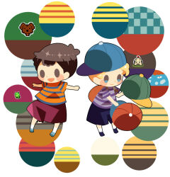 Rule 34 | 2boys, backpack, bag, baseball cap, black eyes, black hair, blonde hair, blue eyes, blue footwear, boney, brown bag, doseisan, hat, hitofutarai, holding, holding clothes, holding hat, lucas (mother 3), male focus, mother (game), mother 2, mother 3, multiple boys, ness (mother 2), nintendo, open mouth, outstretched arms, purple shorts, red shorts, shirt, shorts, sideways hat, socks, solid oval eyes, spread arms, striped clothes, striped shirt, super smash bros., white background, white socks