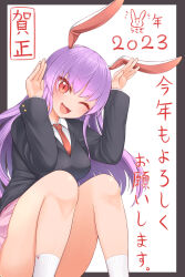 Rule 34 | 1girl, 2023, :3, absurdres, animal ears, collared shirt, formal, harunoha, highres, knees up, long hair, looking at viewer, necktie, one eye closed, open mouth, pleated skirt, purple hair, rabbit ears, red necktie, reisen udongein inaba, shirt, sitting, skirt, smile, socks, solo, suit, thighs, touhou, white shirt