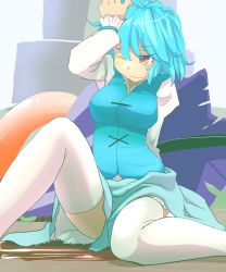 Rule 34 | 1girl, blue hair, blush, hand on own head, highres, ishikkoro, md5 mismatch, red eyes, resized, resolution mismatch, short hair, sitting, skirt, solo, source larger, tatara kogasa, tears, thighhighs, touhou, white thighhighs, wince