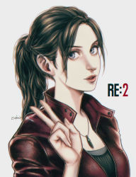 Rule 34 | 1girl, blue eyes, breasts, brown hair, bullblink, capcom, claire redfield, copyright name, highres, jacket, jewelry, lipstick, looking at viewer, makeup, necklace, ponytail, resident evil, resident evil 2, resident evil 2 (remake), short hair, signature, simple background, solo, v