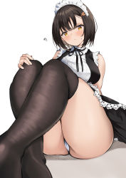 Rule 34 | 1girl, absurdres, alternate costume, ass, black hair, black neckwear, black skirt, black thighhighs, blush, breasts, closed mouth, commentary request, enmaided, frown, highres, looking at viewer, maid, maid headdress, medium breasts, neneneji, original, shirt, short hair, simple background, sitting, skirt, sleeveless, sleeveless shirt, solo, squiggle, thick thighs, thighhighs, thighs, white background, white shirt, yellow eyes