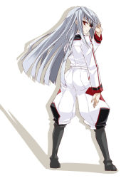 Rule 34 | 10s, 1girl, ass, blush, boots, eyepatch, female focus, from behind, infinite stratos, laura bodewig, long hair, looking back, military, military uniform, mutou kurihito, red eyes, shadow, silver hair, solo, uniform