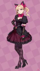 Rule 34 | 1girl, animal ears, argyle, argyle clothes, argyle legwear, armor, black cat d.va, black dress, black footwear, black gloves, blonde hair, blush, bow, bowtie, breasts, cat ears, checkered background, cleavage, commentary request, contrapposto, d.va (overwatch), dress, earrings, elbow gloves, full body, gloves, gothic lolita, hair between eyes, hand on own hip, high heels, highres, jewelry, korean commentary, legs apart, lolita fashion, looking at viewer, medium breasts, official alternate costume, overwatch, overwatch 1, pantyhose, parted lips, pink bow, pink bowtie, puffy short sleeves, puffy sleeves, purple background, purple eyes, short sleeves, signature, solo, standing, tail, twintails, yd (orange maru)