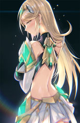 Rule 34 | 1girl, armor, ass, back, bare shoulders, black background, blush, breasts, dress, earrings, elbow gloves, gem, gloves, gradient background, highres, inoue takuya (tactactak), jewelry, large breasts, long hair, looking at viewer, looking back, mythra (xenoblade), nintendo, short dress, shoulder armor, sidelocks, solo, swept bangs, tiara, white dress, white gloves, xenoblade chronicles (series), xenoblade chronicles 2, yellow eyes