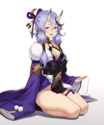 Rule 34 | 1girl, bow, breasts, cleavage, commentary request, fang, full body, fur trim, gradient background, hair bow, hair ornament, hair stick, highres, horns, houtengeki, japanese clothes, kimono, lap pillow invitation, light purple hair, long hair, long sleeves, looking at viewer, medium breasts, mole, mole on thigh, mole under mouth, nijisanji, no panties, obi, oni, open mouth, patting lap, pointy ears, pom pom (clothes), purple eyes, rindou mikoto, sash, seiza, sidelocks, simple background, sitting, skin-covered horns, sleeves past wrists, smile, solo, thick eyebrows, thigh strap, thighs, virtual youtuber, wide sleeves
