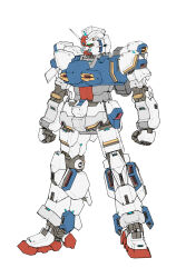 Rule 34 | aron e, clenched hands, commentary request, concept art, green eyes, gun, gundam, head-mounted gun, highres, light, machine gun, machinery, mecha, mobile suit, mobile suit gundam, muzzle, no humans, original, redesign, robot, rx-78-2, science fiction, sketch, v-fin, vernier thrusters, weapon, white background