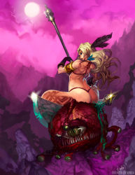 Rule 34 | 1girl, amazon (dragon&#039;s crown), amazon warrior, armlet, armor, arrow (projectile), ass, axe, beholder, bikini armor, blonde hair, blood, breasts, circlet, colored blood, corpse, dragon&#039;s crown, elsevilla, feathers, full moon, gloves, green blood, halberd, highres, huge ass, image sample, impaled, large breasts, leg tattoo, long hair, monster, moon, muscular, muscular female, night, pink sky, polearm, purple sky, revealing clothes, sitting, sky, solo, tattoo, thick thighs, thighs, thong, tribal tattoo, vanillaware, weapon