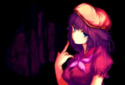 Rule 34 | 1girl, blue eyes, breasts, darandy, female focus, finger to mouth, flat cap, hat, highres, puffy short sleeves, puffy sleeves, purple hair, short sleeves, solo