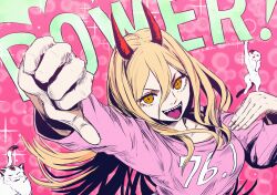 Rule 34 | 1girl, blonde hair, cat, chainsaw man, character name, cross-shaped pupils, dated, hair between eyes, highres, horns, long hair, looking at viewer, meowy (chainsaw man), open mouth, pink background, pink sweater, power (chainsaw man), puchikun, red horns, sharp teeth, smile, solo focus, sparkle, sweater, symbol-shaped pupils, teeth, thumbs down, twitter username, upper body, white cat, yellow eyes