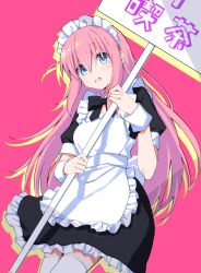 Rule 34 | 1girl, absurdres, apron, black bow, black bowtie, black dress, blue eyes, bocchi the rock!, bow, bowtie, dress, frilled apron, frilled dress, frills, gotoh hitori, hair between eyes, highres, holding, holding sign, joniwi, long hair, looking at viewer, maid, maid apron, maid headdress, one side up, pink background, pink hair, short sleeves, sidelocks, sign, solo, sweatdrop, thighhighs, white thighhighs, wrist cuffs