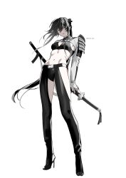 Rule 34 | 1girl, absurdres, armor, artist name, belt, belt buckle, black bra, black hair, black pants, bra, breasts, buckle, collar, commentary, full body, grey eyes, hair between eyes, hair ornament, high heels, highres, holding, holding sword, holding weapon, japanese armor, katana, kazari tayu, long hair, long sleeves, looking at viewer, navel, original, pants, parted lips, scabbard, sheath, sheathed, shoulder armor, sidelocks, simple background, solo, standing, stomach, sword, symbol-only commentary, twitter username, underwear, weapon, white background