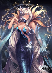 Rule 34 | 1girl, absurdly long hair, alnilam, blue dress, blue eyes, breasts, cancer (constellation), capricorn (constellation), character request, cleavage, constellation, copyright name, dress, earrings, gemini (constellation), hair ornament, jewelry, large breasts, leo (constellation), libra (constellation), long hair, looking at viewer, parted lips, sagittarius (constellation), scorpius (constellation), standing, star (symbol), star hair ornament, taurus (constellation), unleashed, very long hair, virgo (constellation), watermark, white hair