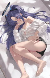 Rule 34 | 1girl, absurdres, ass, bare legs, bare shoulders, barefoot, black shorts, blue archive, blue eyes, breasts, cleavage, dress shirt, hair ornament, halo, highres, kerno, long hair, long sleeves, looking at viewer, lying, midriff, off shoulder, on side, parted bangs, purple hair, see-through, see-through silhouette, shirt, short shorts, shorts, small breasts, solo, thighs, two side up, very long hair, white shirt, yuuka (blue archive)