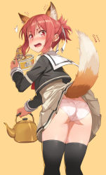 Rule 34 | 1girl, absurdres, animal ear fluff, animal ears, arrow (symbol), ass, black shirt, black thighhighs, blouse, blush, bowl, clothes lift, commentary request, crotch seam, cup ramen, donbee (food), embarrassed, food, fox ears, fox tail, from behind, hair ribbon, high-waist skirt, highres, holding, holding bowl, holding kettle, kettle, leaning forward, lifted by tail, long sleeves, looking at viewer, looking back, michairu, miniskirt, noodles, open mouth, panties, pleated skirt, ramen, red eyes, red hair, ribbon, sanshuu middle school uniform, school uniform, serafuku, shirt, short hair, short ponytail, simple background, single horizontal stripe, skirt, skirt lift, solo, standing, surprised, sweatdrop, tail, tail raised, thighhighs, underwear, v-shaped eyebrows, white panties, white ribbon, white skirt, yellow background, yuuki yuuna, yuuki yuuna wa yuusha de aru, yuusha de aru