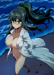 Rule 34 | 1girl, absurdres, beach, blush, breasts, brown eyes, brown hair, closed mouth, coat, collarbone, exhibitionism, footprints, from above, futaba rio, glasses, hair between eyes, hands in pockets, high ponytail, highres, lab coat, lab coat, large breasts, long hair, looking at viewer, maximilian-destroyer, naked coat, naked labcoat, navel, night, nipple slip, nipples, ocean, ponytail, public indecency, sand, scrunchie, seishun buta yarou, shore, solo, water, waves, yellow scrunchie
