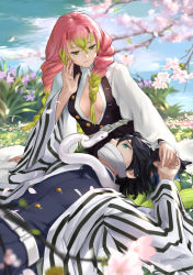 Rule 34 | 1boy, 1girl, aqua eyes, bandage on face, bandages, belt, black hair, black pants, black skirt, braid, breasts, cherry blossoms, cleavage, cloud, cloudy sky, coat, couple, day, gradient hair, grass, green eyes, green hair, green thighhighs, hair between eyes, hand on another&#039;s face, haori, hetero, highres, holding hands, iguro obanai, japanese clothes, kanroji mitsuri, kimetsu no yaiba, lap pillow, long hair, long sleeves, lying, medium breasts, miniskirt, mole, mole under eye, multicolored hair, on back, outdoors, pants, partially unbuttoned, petals, pink hair, plant, pleated skirt, ribbed legwear, short hair, sitting, skirt, sky, snake, striped, thighhighs, tree, tri braids, twin braids, two-tone hair, uniform, wide sleeves, yubo-w