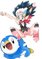 Rule 34 | 1girl, ass, blue eyes, blue hair, boots, breasts, creatures (company), curvy, dawn (pokemon), female focus, game freak, gen 4 pokemon, hainchu, happy, jumping, legs up, looking at another, nintendo, piplup, pokemon, pokemon (anime), pokemon (creature), pokemon dppt (anime), skirt, small breasts