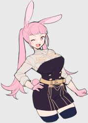 Rule 34 | 1girl, ;d, animal ear fluff, animal ears, belt, black thighhighs, blunt bangs, blush, breasts, buttons, chinese zodiac, do m kaeru, female focus, fire emblem, fire emblem: three houses, garreg mach monastery uniform, grey background, hand on own hip, hilda valentine goneril, kemonomimi mode, large breasts, long hair, looking at viewer, matching hair/eyes, nintendo, one eye closed, open mouth, pink eyes, pink hair, rabbit ears, rabbit girl, rabbit tail, simple background, sleeves rolled up, smile, solo, tail, thighhighs, twintails, uniform, wink, year of the rabbit, yellow belt