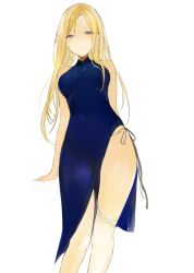 Rule 34 | 1girl, arm behind back, bad id, bad tumblr id, blonde hair, blue dress, breasts, china dress, chinese clothes, covered navel, dress, long hair, looking at viewer, lpip, medium breasts, original, panties, purple eyes, simple background, sleeveless, sleeveless dress, smile, solo, underwear, white background