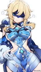 Rule 34 | 1girl, puff of air, absurdres, blonde hair, blue coat, blue gemstone, blue gloves, blue leotard, blue shorts, blush, breasts, cicin mage (genshin impact), closed mouth, clothing cutout, coat, cosplay, cowboy shot, cryo cicin mage (genshin impact), cryo cicin mage (genshin impact) (cosplay), delusion (genshin impact), detached sleeves, eye mask, fur-trimmed hood, fur-trimmed sleeves, fur trim, gem, genshin impact, gloves, gluteal fold, half gloves, hand on own hip, highres, hood, hood down, hooded coat, kradebii, large breasts, leotard, lips, long sleeves, lumine (genshin impact), mask, partially fingerless gloves, poking, pout, revealing clothes, short hair with long locks, shorts, side cutout, sideboob, sidelocks, simple background, solo, white background