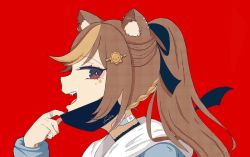 Rule 34 | animal ear fluff, animal ears, bandaid, bandaid on neck, blue jacket, commentary, english commentary, fangs, from side, hazumi aileen, hazumi aileen (artist), highres, indie virtual youtuber, jacket, jewelry, lion ears, lion girl, lion hair ornament, looking back, ponytail, red background, ring, smile, solo, vampire (vocaloid), virtual youtuber, vocaloid
