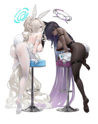 Rule 34 | 2girls, absurdly long hair, adapted costume, alternate costume, animal ear hairband, animal ears, arm strap, arm tattoo, ass, asuna (blue archive), b-pang, backless leotard, black hair, black leotard, black pantyhose, blonde hair, blue archive, blue halo, breasts, commentary, dark-skinned female, dark skin, english commentary, eyes visible through hair, fake animal ears, fake tail, feet, from side, full body, gloves, gradient hair, grin, hair over one eye, hairband, halo, highres, huge breasts, karin (blue archive), karin (bunny) (blue archive), large breasts, leotard, long hair, looking at viewer, looking to the side, multicolored hair, multiple girls, no shoes, number tattoo, official alternate costume, oversized clothes, pantyhose, playboy bunny, ponytail, purple hair, rabbit ear hairband, rabbit ears, rabbit tail, sideboob, simple background, smile, soles, stool, straight hair, strapless, strapless leotard, tail, tattoo, thick thighs, thigh strap, thighs, toes, very long hair, wavy hair, white background, white gloves, white leotard, white pantyhose, wrist cuffs