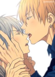 Rule 34 | 2boys, blonde hair, blue hair, blue shirt, blurry, blush, closed eyes, collared shirt, commentary request, depth of field, earrings, from side, grey background, hair between eyes, hand on another&#039;s arm, hands on another&#039;s cheeks, hands on another&#039;s face, jewelry, kise ryouta, kuroko no basuke, kuroko tetsuya, looking at another, male focus, mashima shima, multiple boys, nose bite, open mouth, shirt, short hair, short sleeves, simple background, teeth, twitter username, upper body, upper teeth only, yaoi, yellow eyes