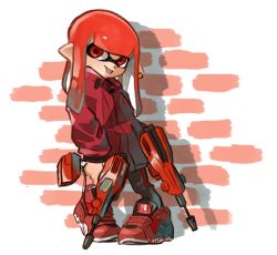 Rule 34 | 1girl, closed mouth, dual squelcher (splatoon), earrings, full body, holding, inkling, inkling girl, inkling player character, jewelry, long hair, long sleeves, nintendo, nishikuromori, pigeon-toed, pointy ears, red eyes, red footwear, red hair, shoes, single earring, single vertical stripe, smile, sneakers, solo, splatoon (series), splatoon 2, standing, tentacle hair, tongue, tongue out