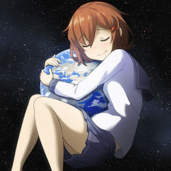Rule 34 | 10s, 1girl, brown hair, capelet, closed eyes, commentary request, earth (planet), fang, fang out, giant, giantess, hair ornament, hairclip, highres, huge giantess, hugging object, ikazuchi (kancolle), kantai collection, kuro oolong, long sleeves, mozilla firefox, planet, school uniform, serafuku, shirt, simple background, skirt, smile, solo, space