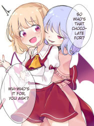 Rule 34 | 2girls, :d, ^^^, ascot, blonde hair, blush, bow, breasts, capelet, chocolate, commentary request, crystal, dropping, eringi (rmrafrn), fang, flandre scarlet, frilled capelet, frills, hand on another&#039;s shoulder, hard-translated, juliet sleeves, long hair, long sleeves, mixing bowl, multiple girls, one eye closed, open mouth, pink capelet, pink shirt, pink skirt, puffy sleeves, purple hair, red bow, red eyes, red skirt, red vest, red wings, remilia scarlet, shirt, siblings, simple background, sisters, skirt, sleeves past wrists, small breasts, smile, sweat, third-party edit, touhou, translated, valentine, vest, white background, white shirt, wings, yellow ascot