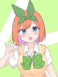Rule 34 | 1girl, :d, blue eyes, blush, bow, breasts, collared shirt, commentary request, eyebrows hidden by hair, finger counting, go-toubun no hanayome, green background, green bow, green hairband, green ribbon, hair between eyes, hair ribbon, hairband, hand up, highres, kujou karasuma, looking at viewer, medium breasts, multicolored hair, nakano yotsuba, open mouth, orange hair, pink hair, ribbon, shirt, short sleeves, smile, solo, sweater vest, two-tone background, two-tone hair, upper body, white background, white shirt