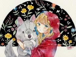 Rule 34 | 1girl, 2022, artist name, blonde hair, cloak, dated, floral background, flower, hntaa, holding, holding stuffed toy, hood, hood up, hooded cloak, long hair, looking at viewer, original, painting (medium), red hood, signature, solo, stuffed animal, stuffed toy, stuffed wolf, traditional media, twitter username, upper body, watercolor (medium), yellow eyes, yellow flower