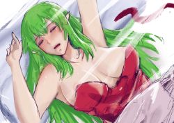 Rule 34 | 1girl, alternate hairstyle, areola slip, breasts, closed eyes, fire emblem, fire emblem awakening, green hair, highres, large breasts, long hair, lying, messy hair, nintendo, open mouth, pointy ears, saliva, sleeping, solo, tiki (adult) (fire emblem), tiki (fire emblem), upper body, vialnite