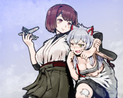 Rule 34 | animal ears, arms around neck, azur lane, bad id, bad pixiv id, bent over, breasts, brown eyes, brown hair, cat ears, cleavage, collarbone, commentary request, crossover, e16a zuiun, hakama, hakama short skirt, hakama skirt, historical name connection, holding, hyuuga (azur lane), hyuuga (kancolle), japanese clothes, kantai collection, long hair, looking at viewer, matado (almukha), name connection, navel, pleated skirt, sarasgi, seaplane, short hair, silver hair, skirt, smile, yellow eyes