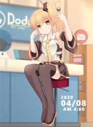 Rule 34 | 1girl, akita neru, bare shoulders, black skirt, black sleeves, black thighhighs, blonde hair, blurry, blurry background, boots, cabinet, clothing request, dated, detached sleeves, envelope, figure, full body, hand on own cheek, hand on own face, hand up, highres, holding, holding toy, kirihane, long hair, looking at object, miniskirt, shoulder tattoo, side ponytail, sitting, skirt, smile, solo, stool, tattoo, thigh boots, thighhighs, toy, vocaloid, yellow eyes, zettai ryouiki