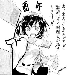 Rule 34 | &gt;:), 1girl, bag, between breasts, black skirt, blush stickers, breasts, foreshortening, greyscale, hat, looking at viewer, medium breasts, monochrome, newspaper, open mouth, pom pom (clothes), satchel, shameimaru aya, shirt, short hair, short sleeves, skirt, smile, taurine 8000mg, teeth, tokin hat, touhou, translation request, twitter username, v-shaped eyebrows, white shirt