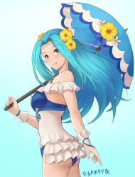 Rule 34 | 1girl, aqua hair, blue eyes, fiora (fire emblem), fiora (summer) (fire emblem), fire emblem, fire emblem: the blazing blade, fire emblem heroes, flower, from side, gradient background, hair flower, hair ornament, highres, holding, holding umbrella, long hair, looking to the side, nintendo, simple background, solo, spiffydc, swimsuit, twitter username, umbrella