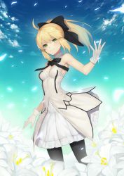 Rule 34 | 1girl, :d, ahoge, arm up, unworn armor, artoria pendragon (all), artoria pendragon (fate), bare shoulders, black pantyhose, black ribbon, blonde hair, blush, breasts, cloud, cowboy shot, day, detached collar, dress, fate (series), flower, frills, gloves, green eyes, hair ribbon, highres, jam (nandade), layered dress, lily (flower), long hair, medium breasts, open mouth, pantyhose, petals, ponytail, ribbon, saber (fate), saber lily, smile, solo, white dress, white gloves