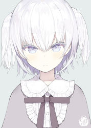 Rule 34 | 1girl, bow, brown bow, capriccio, closed mouth, collared shirt, commentary request, frilled shirt collar, frills, grey background, grey shirt, hair between eyes, looking at viewer, original, purple eyes, shirt, simple background, solo, two side up, upper body, white hair
